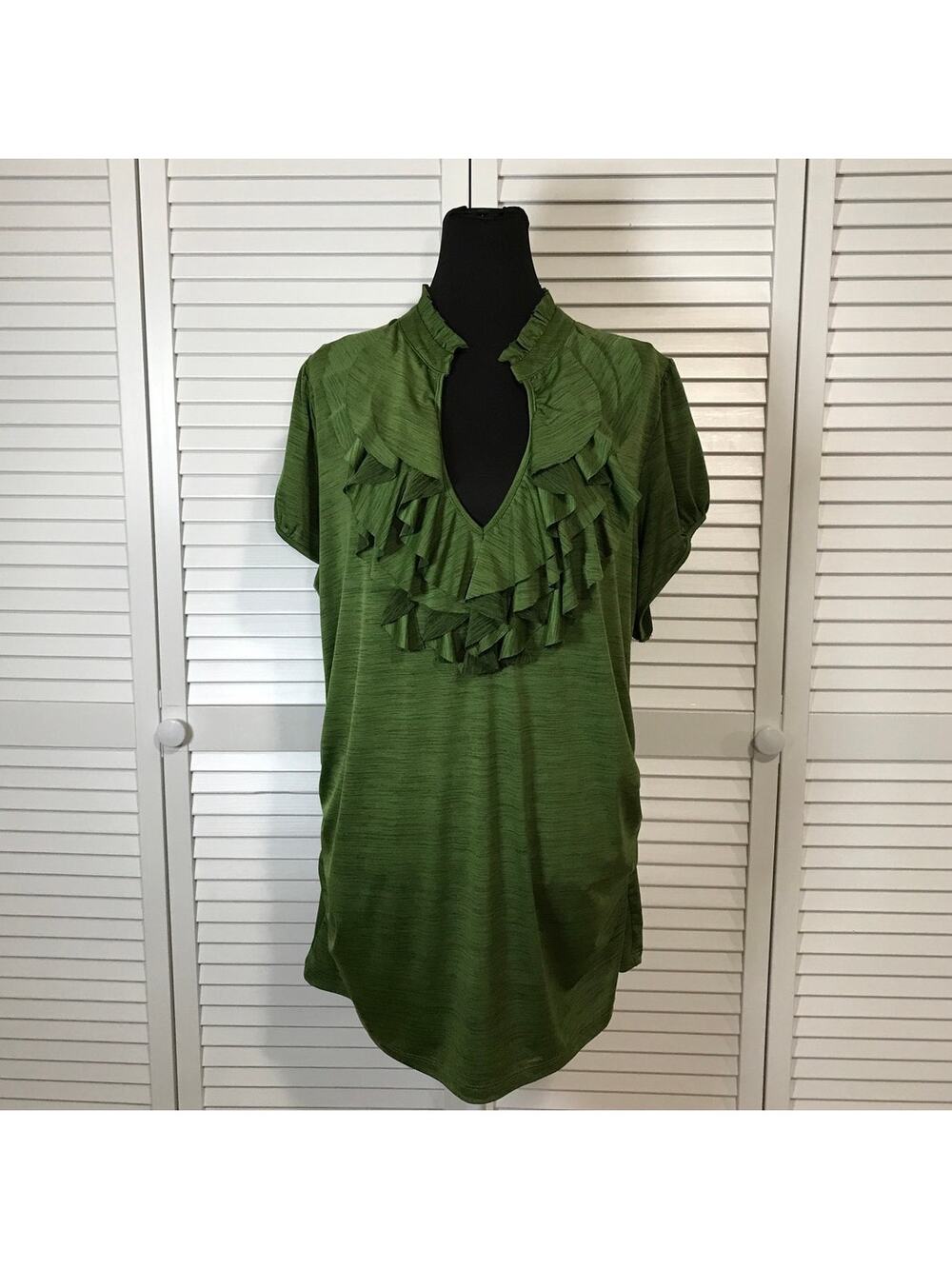 HeartSoul Vintage Y2K Green Ruffled Babydoll Deep V-neckline Tunic Blouse 1X